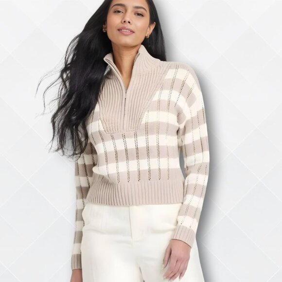 A New Day Beige/Cream Striped Quarter-Zip Sweater โ Size XS (NWT) - WST-100009 - Picture 1 of 7